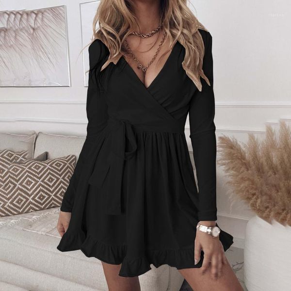 

casual dresses woman deep v-neck mini dress autumn long sleeve pure color slim ruffle women 2021 white lace up robe femme, Black;gray