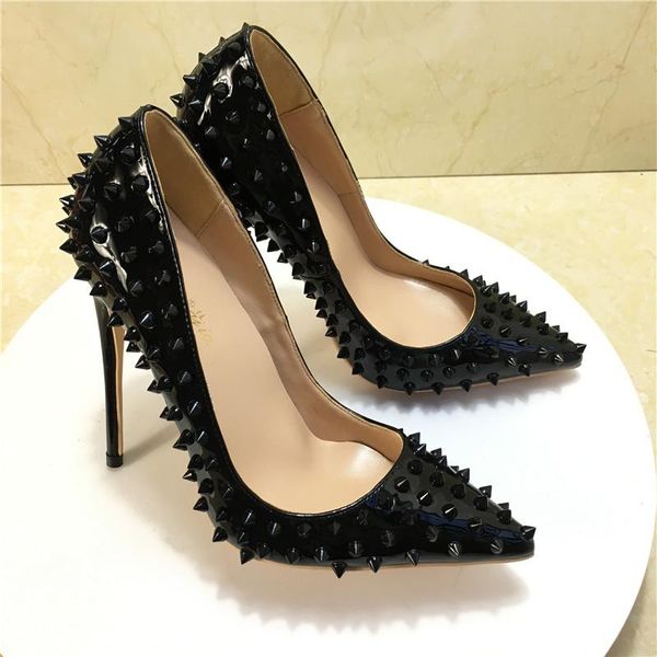 

dress shoes 2021 fashion black patent leather spikes poined toe stiletto heel high shoe pump high-heeled