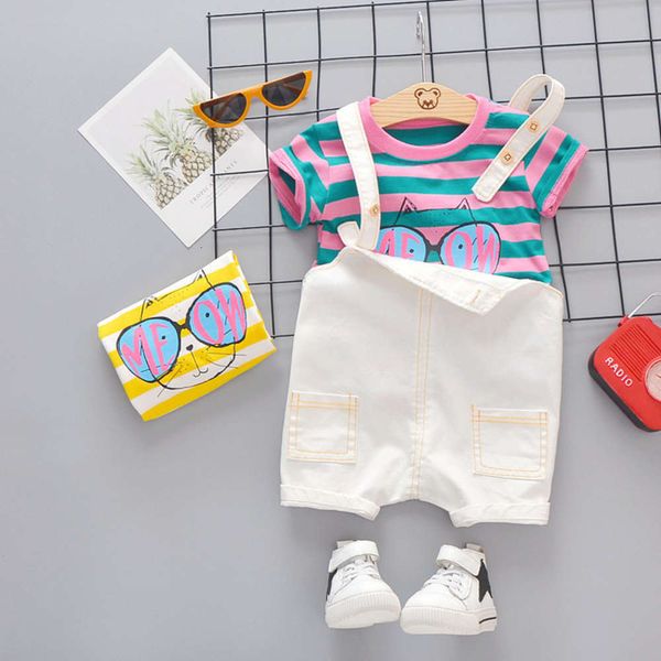 

sleeve summer short suit, strap pants, shorts 2021 new cartoon two piece set, korean children's wear, White