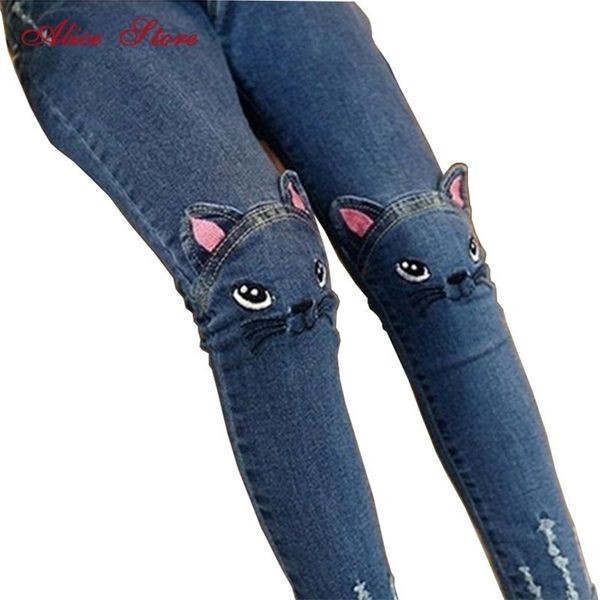 Pantaloni jeans per ragazze per bambini Pantaloni autunno moda Leggings Cartoon Cat Bambini Matita Pantaloni lunghi Pantalon Fillette per meno di 11 anni 210303