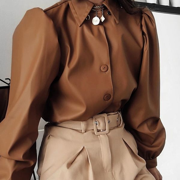 

autumn leather blouse women long sleeve puff blouse vintage shirt ladies 2019 winter casual fashion turn-down collar, Black