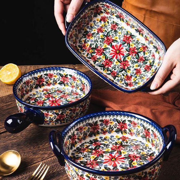 

bowls home retro tableware ceramic handle salad bowl household oven breakfast bake pan microwave bohemia binaural soup ramen