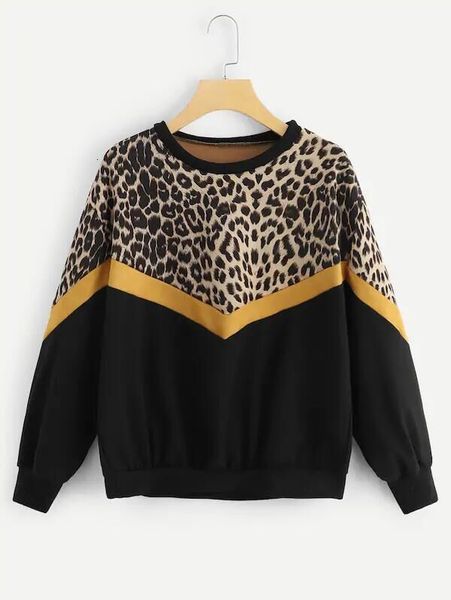 

fashion womens hoodies casual long sleeve patchwork leopard print o-neck sweatshirt harajuku hoodie women sudaderas mujer, Black