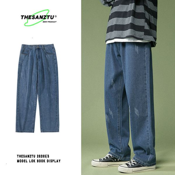 

2021 new korean wide-leg men's fashion solid color casual retro jeans me streetwear loose hip-hop straight denim trousers mens r7i8, Blue