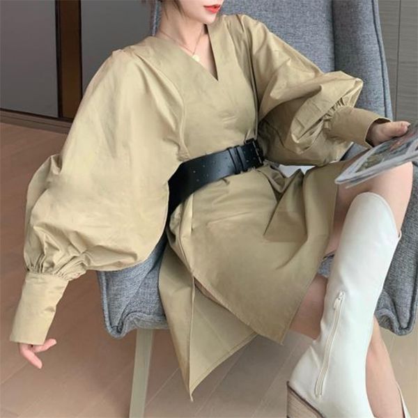 

chic lantern sleeve solid shirt dress for women v-neck long belt streetwear female 2012 spring fall clothing 210602, White