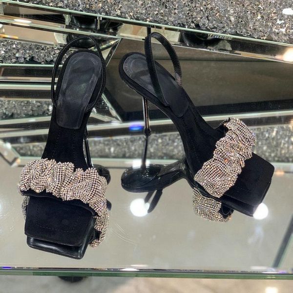 

dress shoes 2021 summer high-heeled sandals female word with square toe open rhinestone stiletto, Black
