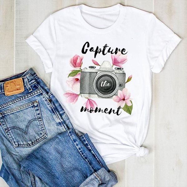 

vintage camera cartoon floral print womens summer tee clothes graphic, White