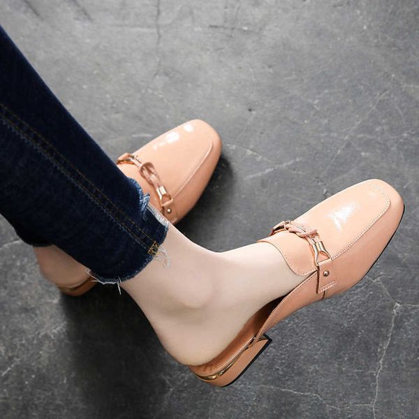 

leather slippers early autumn 2021 new versatile medium low thick heel baotou large women's shoes 995, Black