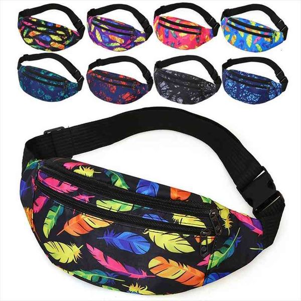 

printed feathers mens pockets sports banana pockets women nylon wear-resistant crossbody chest bag riding mobile phone pouch