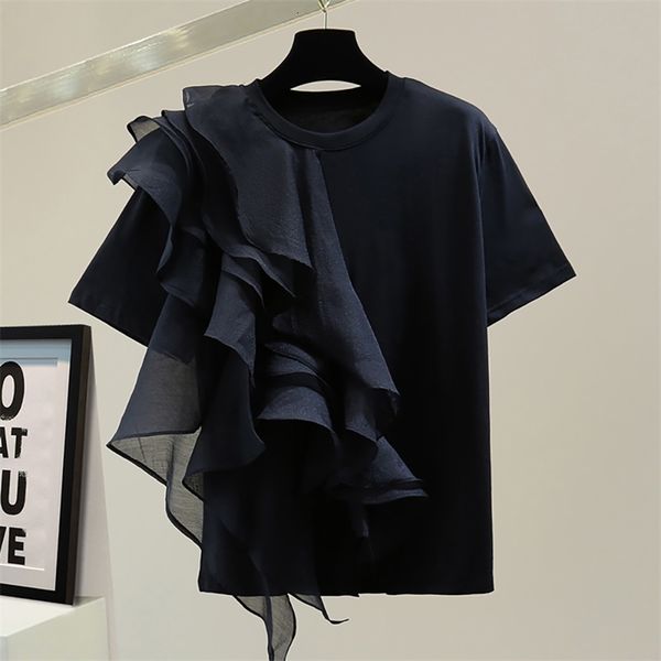 

women's t-shirt fashion patchwork ruffles short sleeve cotton t shirt woman straight o-neck thin white black summer clothes f