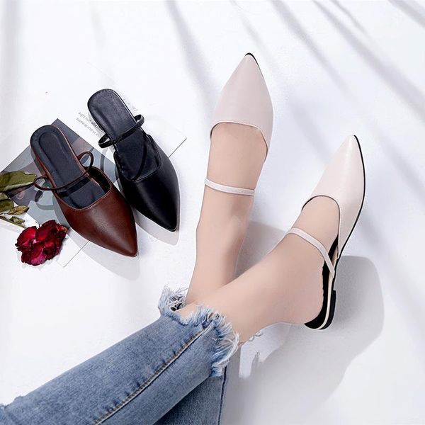 

slippers 2021 women spring summer pu flat sandals pointed toe heel shallow outdoor slip-on size 35-41, Black