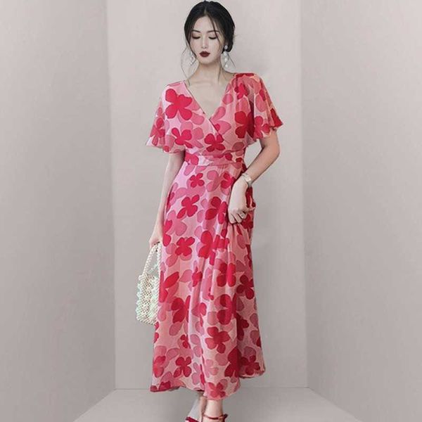 Летняя мода корейских женщин с коротким рукавом печать платье OL элегантное повседневное платье Vestidos 210531