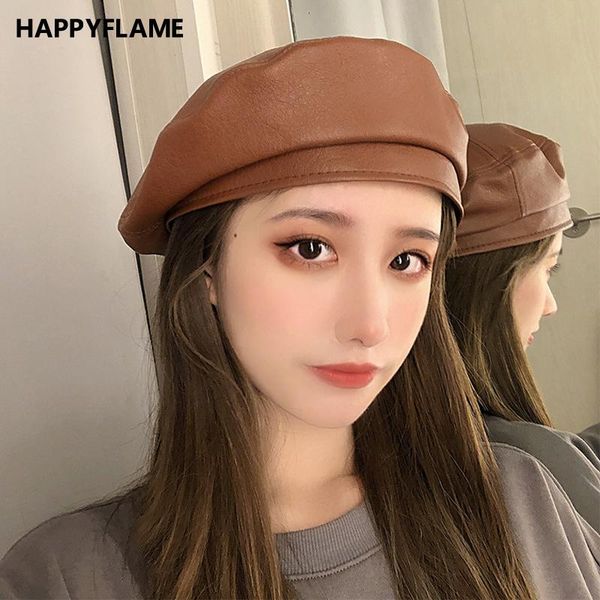 

beanies women autumn winter hat pu leather berets french artist beret painter vintage girls female warm walking cap