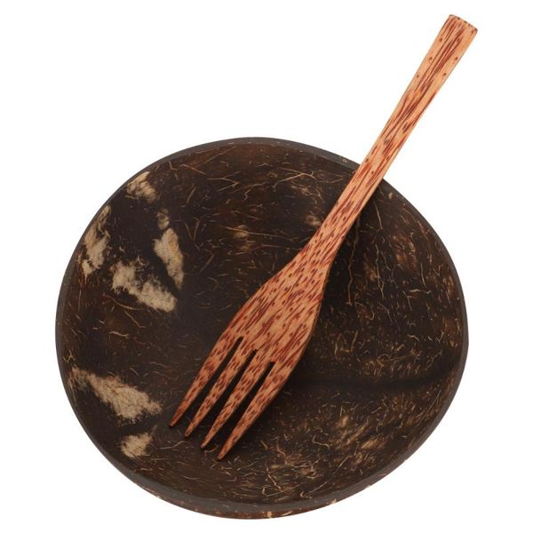 

1 set coconut shell bowl wood fruit salad bowl creative storage with fork