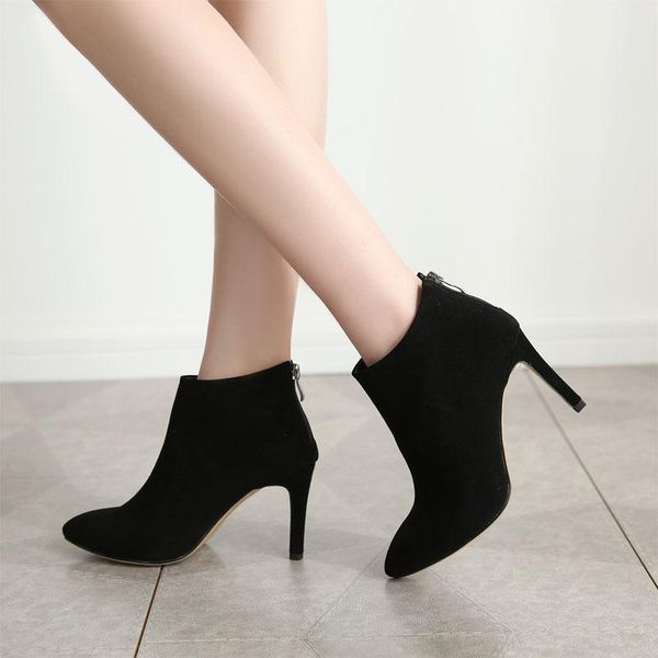 

boots 2021 leather short female pointed high-heeled single thin-heeled shoes, Black