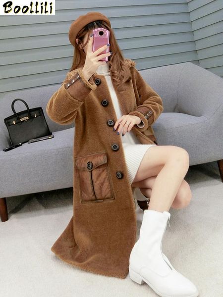 

women's fur & faux boollili real coat women winter clothes 2021 sheep shearing 100% wool jacket parka, Black
