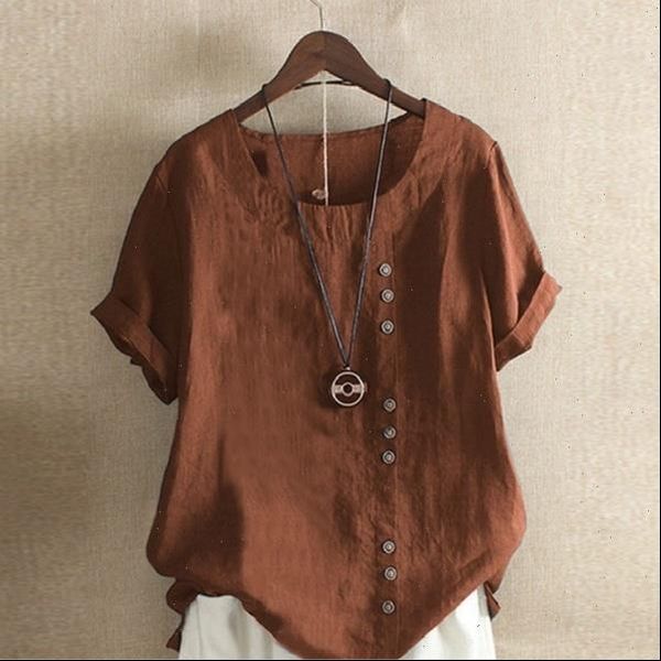 

women summer t shirt solid color button large loose 2021 new linen fashion o neck casual plus size ladies, White