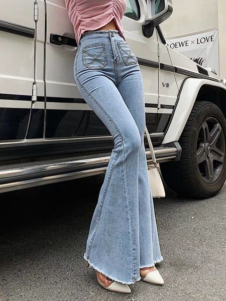 

sky blue high waisted horn jeans women elastic skinny jeans fashionable versatile long slim flared pants splicing and cut 210222