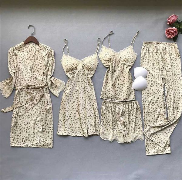 Sexy bege kimono roupão vestido mulheres cetim pijama conjunto laço sleepwear terno nightwear autunm sleep sleep set leopardo home wear q0706