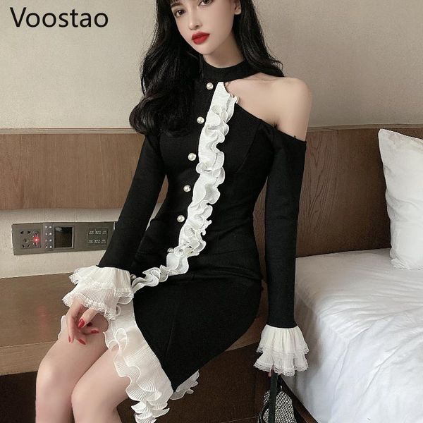 

casual dresses spring autumn women elegant off shoulder dress french gothic ruffles long sleeve party female vintage bodycon, Black;gray
