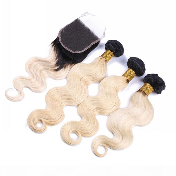 

dark root 1b 613 ombre malaysian human hair weaves with closure body wave blonde ombre 4x4 lace closure with 3bundles 4pcs lot, Black;brown