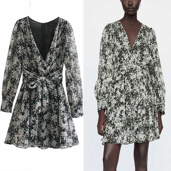 

za metallic thread print dress women v-neck long sleeve belt mini dress female chic back zip elegant pleated party dresses 210602, Black;gray