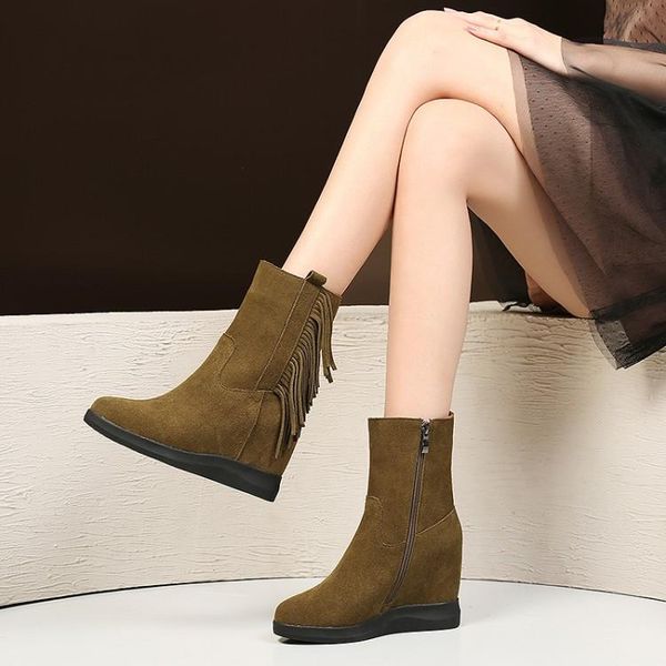 

boots female fashion tassel zip winter snow ladies warm fur suede leather wedge ankle boot women, Black