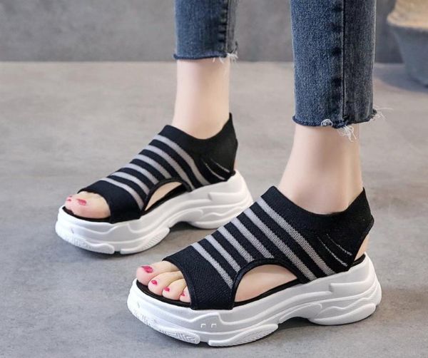 

summer women sandals wedge breathable mesh shoes female peep toe ladies solid slip-on comfortable shoes ladies, Black