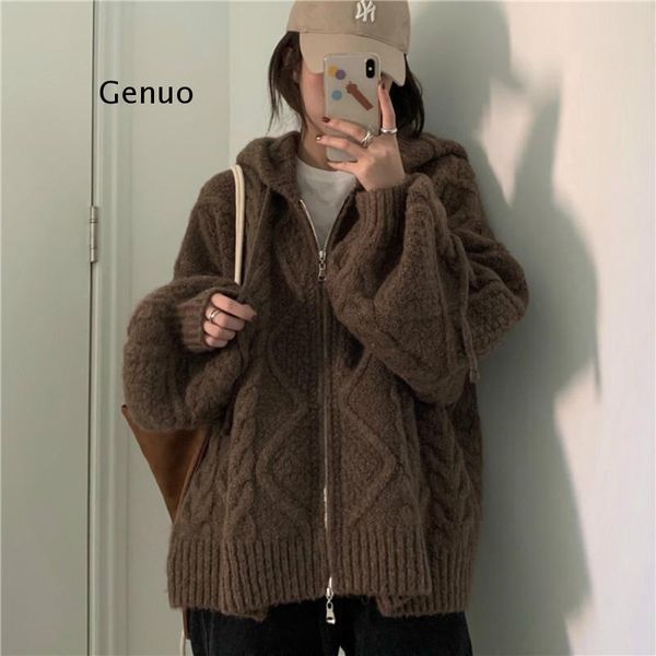 

women autumn winter twist zipper hooded sweater coat knitted cardigan jacket oversized long lantern sleeve outwear, White