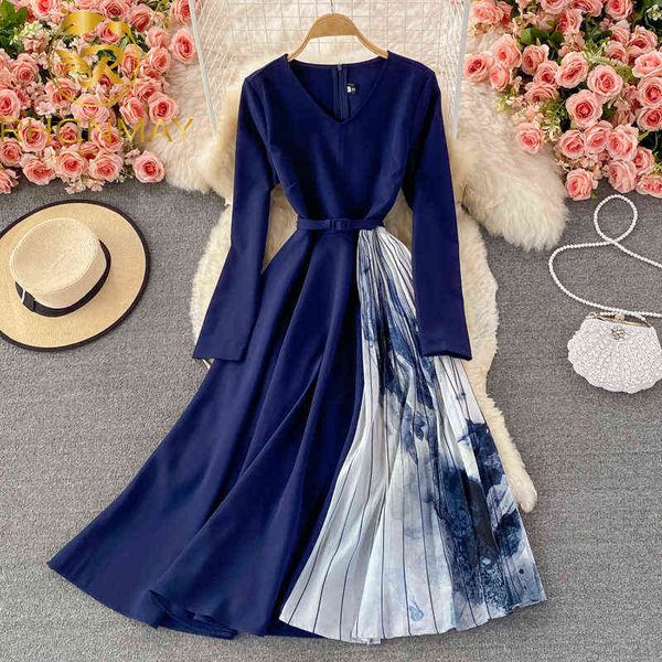 

runway fashion blue pleated party dress office lady v neck long sleeve a line midi dress with belt 2021 autumn vestidos y1204, Black;gray