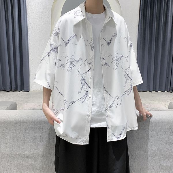 

men's casual shirts summer short-sleeved fashion printed men streetwear korean loose dress mens hawaiian loby, White;black