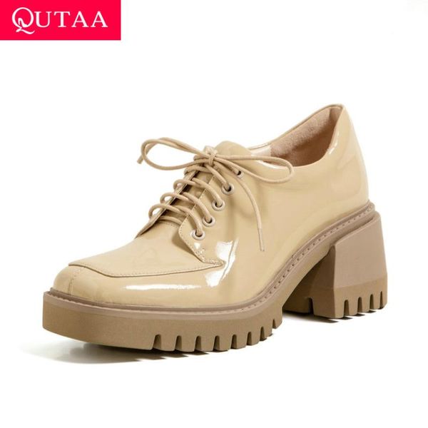 

dress shoes qutaa 2021 women platform pumps round toe lace up square med heel cow leather all match ladies size 34-39, Black