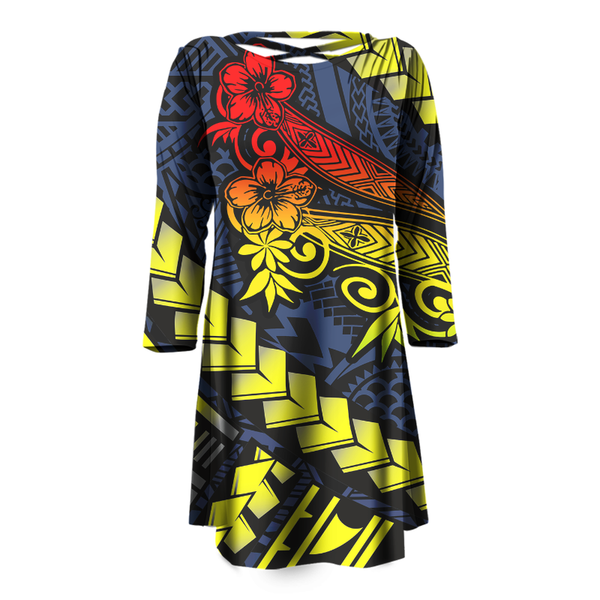 

casual dresses polynesian samoan puletasi women dress long sleeve party elegant o-neck support your design wholesale, Black;gray