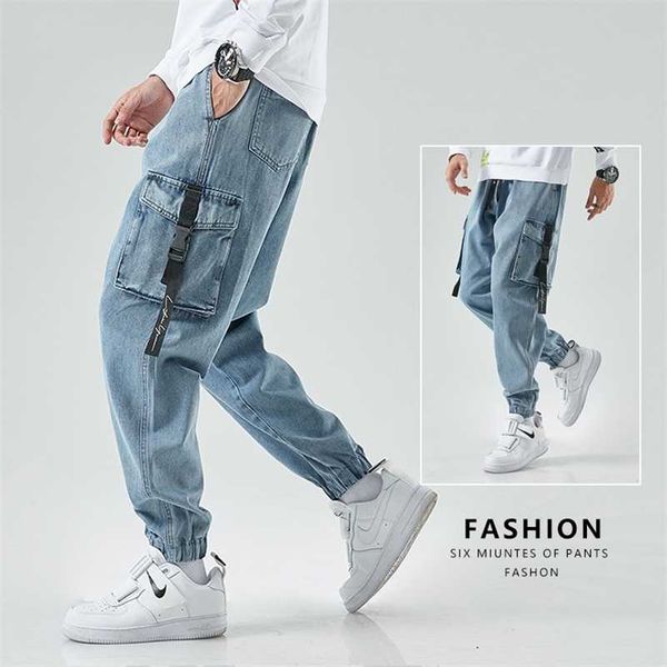 

men joggers cargo denim pants baggy harem japanese streetwear styke male ankle harajuku casual hip hop jeans trousers men 211120, Blue