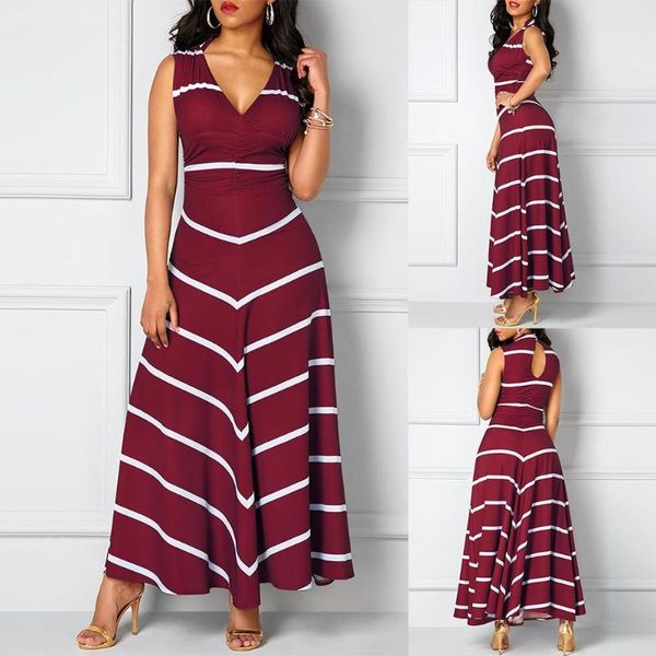 

casual dresses women elegant sleeveless deep v neck striped large hem waist tight maxi evening party dress, Black;gray