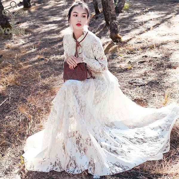 

yosimi spring lace long women dress party autumn vestidos maxi vintage lady full sleeve white evening 210604, Black;gray
