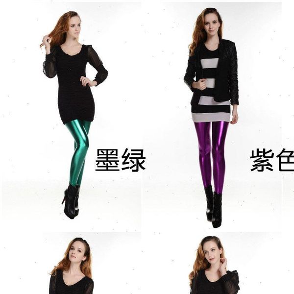 

fashion selling summer womens slim shining legging faux leather mid waist ankle length trousers drop shipping, Black