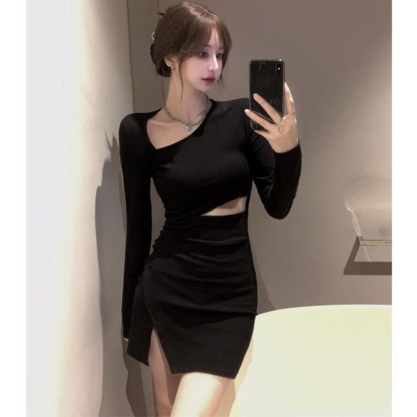 

casual dresses korean women autumn winter design hollow out long sleeve buttocks dress vintage temperament fashion female, Black;gray
