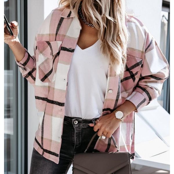 

women's jackets vintage stylish pockets oversized plaid jacket coat women 2021 fashion lapel collar long sleeve loose outerwear chic, Black;brown