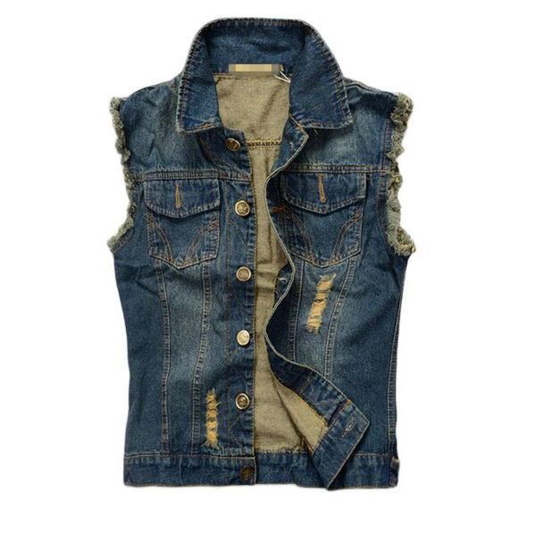

men's vests male spring plus size pockets single breasted turn-down collar holes straight denim vest man distrresses cardigan outerwear, Black;white