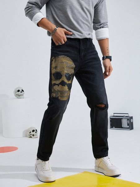 

men skull print ripped frayed jeans e2y7#, Blue