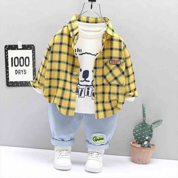 

spring autumn kid boy shirt clothing outwear suit set plaid jacket t pants 3pcs baby children cotton 1 2 3, White