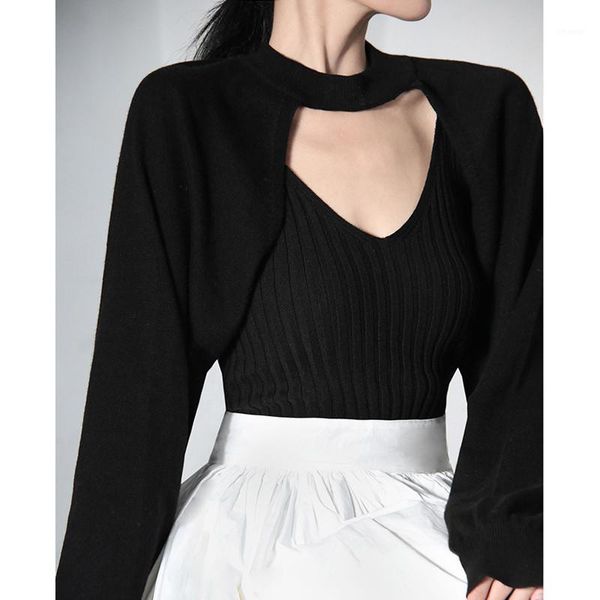 

women's sweaters johnature fashion fake two pieces women sweater 2021 winter solid color backless loose female, White;black
