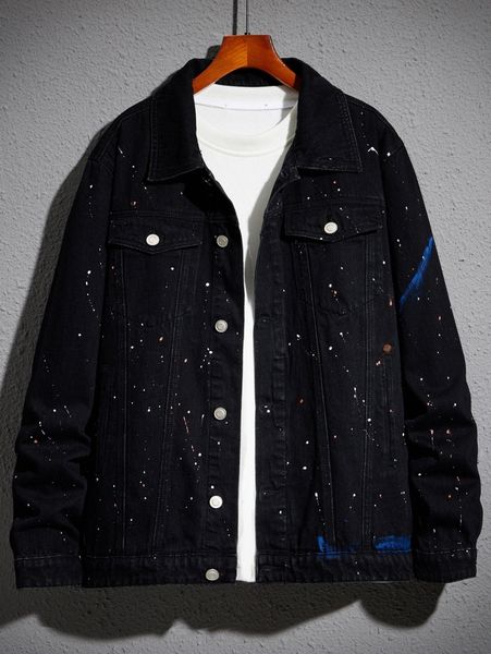 

men splash ink denim jacket without tee s93p#, Blue