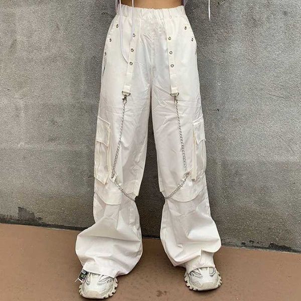 

qweek harajuku gothic white cargo pants with chain women mall goth hippie moda punk loose baggy oversize korean style trousers 211006, Black;white