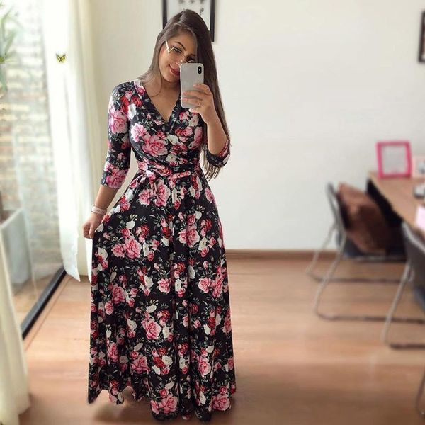 

casual dresses floral print long dress women wrap v neck pleated female retro maxi vestidos elegant party robe, Black;gray