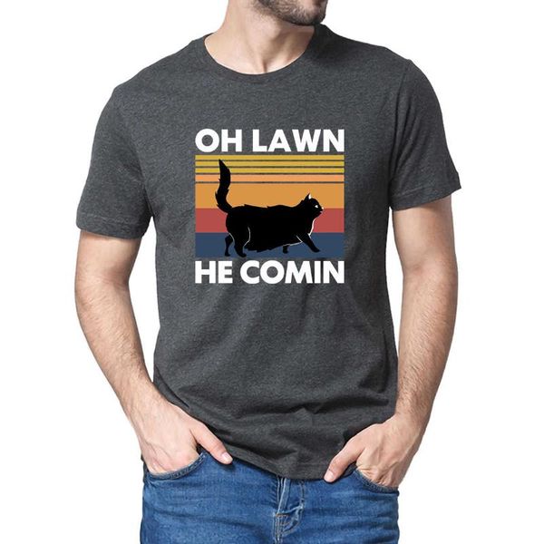 

men's t-shirts 100% cotton black cat chonk oh lawn he comin funny gift summer t shirt women soft tee, White;black