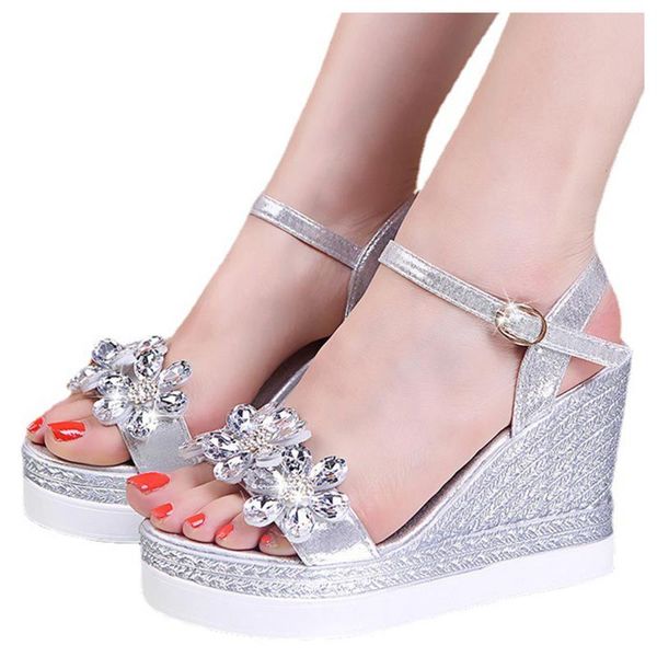 

sandals women open toe bling crystal string bead high heels shoes wedding party wedges platform flats sandals#, Black