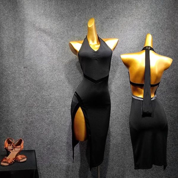 

casual dresses hanging neck split dance dress women elegant backless latin dancing wear competition costumes ballroom cloth rumba tango, Black;gray