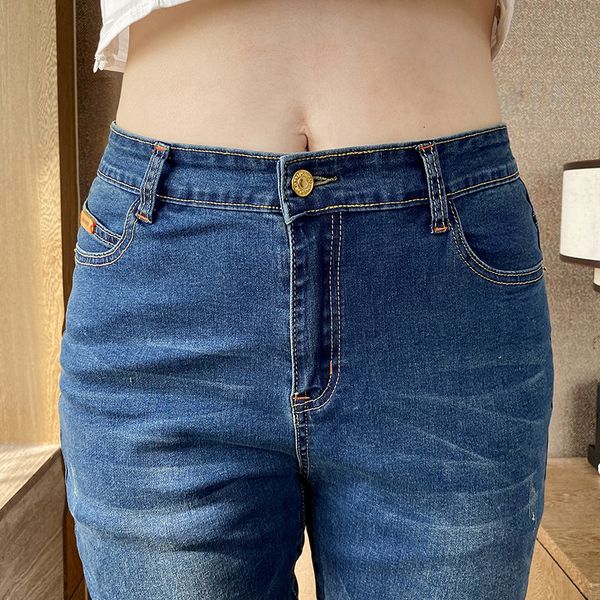 

size large women brem high-waist spring elastic feet jeans pockets pants t85001 azdn, Blue